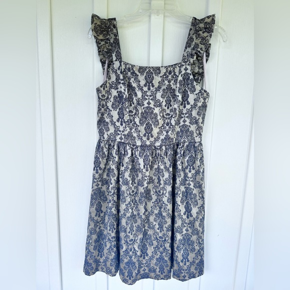 Altar'd State Silver Metallic Navy Blue Ruffle Damask Mini Dress Sz M - Picture 1 of 8